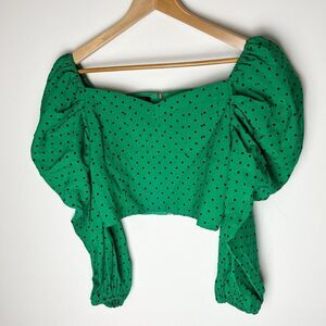 Beulah Style  Green Polka Dot Top Puff Sleeve Zip Back Medium​​​​